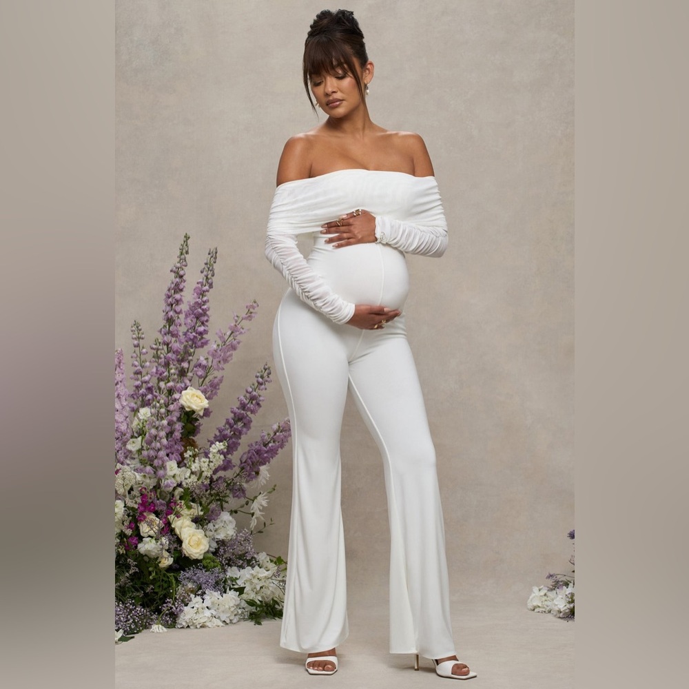 BNWT CLUB L LONDON WHITE MATERNITY RUCHED MESH BARDOT JUMPSUIT